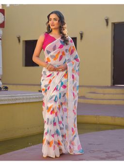 SATRANI - Festive White Printed Chiffon Saree