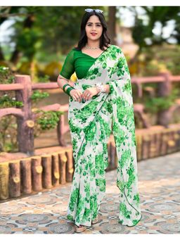 SATRANI - Timeless Green Floral Printed Chiffon Saree