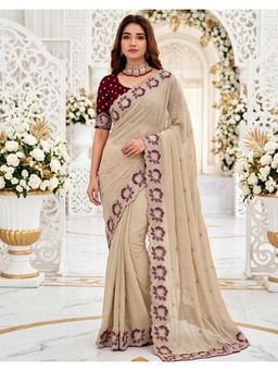 SATRANI - Modern Beige Embroidery Shimmer Georgette Saree