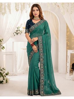 SATRANI - Elegant Rama Green Embroidery Shimmer Georgette Saree