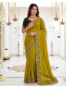 SATRANI - Comfortable Lime Yellow Embroidery Shimmer Saree