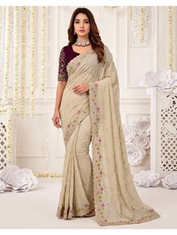 SATRANI - Graceful Beige Embroidery Shimmer Georgette Saree