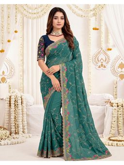 SATRANI - Classic Rama Green Embroidery Shimmer Georgette Saree