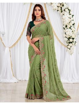 SATRANI - Stylish Pista Green Embroidery Shimmer Georgette Saree