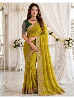SATRANI - Soft Lime Yellow Embroidery Shimmer Georgette Saree