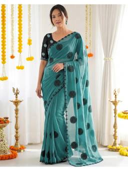 SATRANI - Ethnic Dusty Teal Blue Embroidery Shimmer Saree