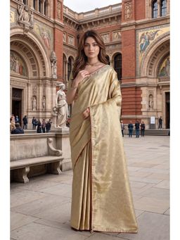 Monjolika Fashion - Beige Banarasi Style Soft Satin Silk Saree