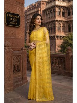 Monjolika Fashion - Yellow Soft Net Embroidered Saree