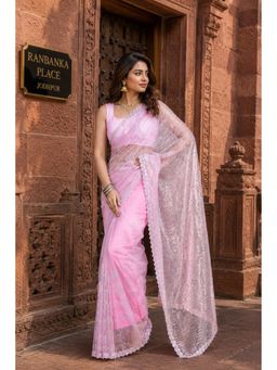 Monjolika Fashion - Light Pink Soft Net Embroidered Saree
