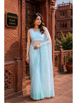 Monjolika Fashion - Light Blue Soft Net Embroidered Saree