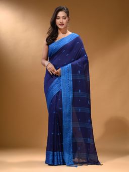 Arhi - Navy Blue Cotton Handspun Soft Saree with Unstitched Blouse