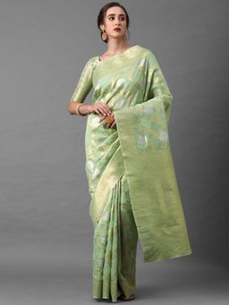 Akhilam - Green Festive Silk Blend Banarsi Saree with Unstitched