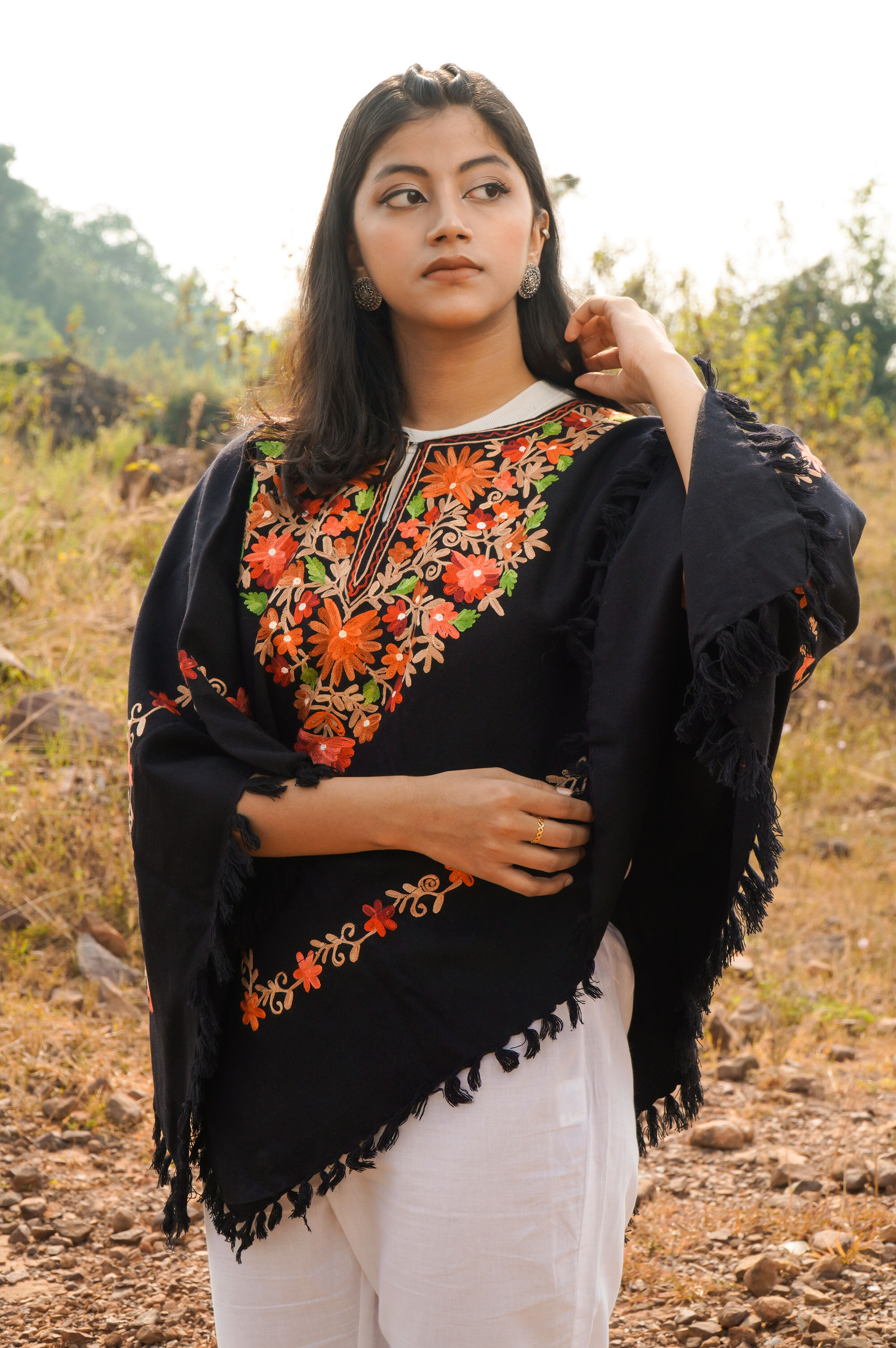 zamour Woolen Black Poncho with Kashmiri Embroidery and Silk Lining-picture-33
