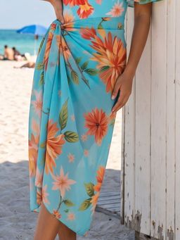 Addery - Tropical Bloom Sky Blue Chiffon Beach Sarong Cover-Up