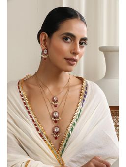 SWABHIMANN - Everly Polki Layered Red Necklace with Pair Of Earrings