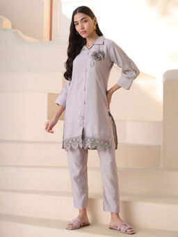 Stylum - Women's Grey Embroidered Silk Blend Co-Ord (Set of 2)