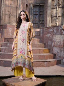 Stylum - Women's Mustard Mirror Work Printed Silk Blend Kaftan and Pant (Set of 2)