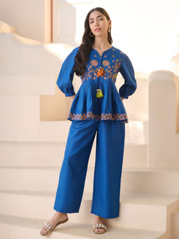 Stylum - Women's Blue Embroidered Cotton Blend Co-Ord (Set of 2)