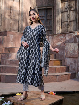 Stylum - Women's Black Floral Printed Cotton A-Line Kurta with Pant and Dupatta (Set of 3)