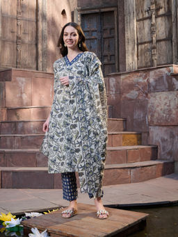 Stylum - Women's Blue Printed Cotton Blend Straight Kurta with Pant and Dupatta (Set of 3)