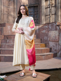 Stylum - Women's Cream Embellished Rayon Anarkali with Pant and Dupatta (Set of 3)