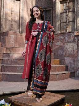 Stylum - Women's Maroon Solid Cotton Kurta with Pant and Dupatta (Set of 3)