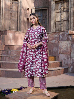 Stylum - Women's Floral Cotton Blend Straight Kurta with Pant and Dupatta (Set of 3)