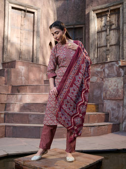 Stylum - Women's Red Ethnic Printed Cotton Straight Kurta with Pant and Dupatta (Set of 3)