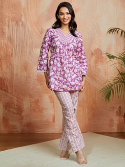Vastramay - Women's Purple Cotton Floral Printed Co-Ord (Set of 2)