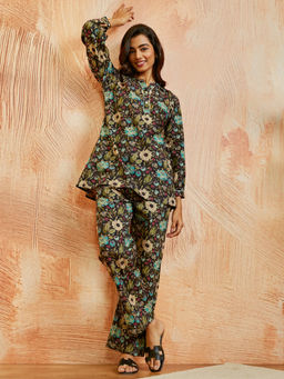 Vastramay - Women's Black Cotton All-Over Floral Printed Co-Ord (Set of 2)