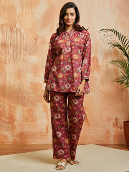 Vastramay - Women's Magenta Cotton All-Over Floral Printed Co-Ord (Set of 2)