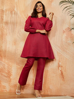 Vastramay - Women's Maroon Black Cotton Solid Co-Ord (Set of 2)