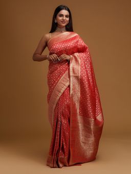 Koskii - Red Zari Work Art Silk Designer Saree with Unstitched Blouse