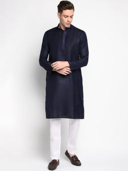 Devoiler - Men Self Design Navy Blue Fine Cotton Kurta
