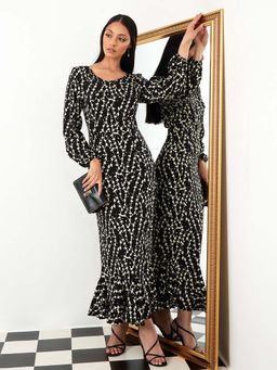 Styli - Black Long Sleeves Round Neck Aop A-line Maxi Dress