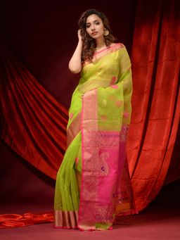 CHARUKRITI - Lime Green Muslin Paisley Motifs and Zari Woven Designs Saree with Unstitched Blouse