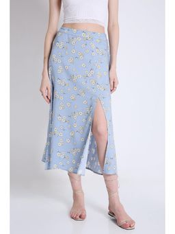 French Theory - Blue Printed Summer Midi Skirt with Slit