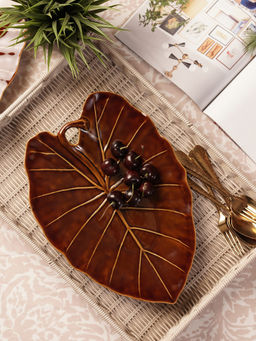 Pure Home + Living - Brown Cinnabar Elephant Ear Shaped Leaf Ceramic Platter
