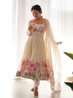 JATRIQQ - Cream Organza Silk with Floral Print Anarkali Kurta and Pants with Dupatta (Set of 3)