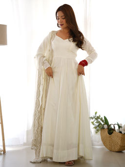 JATRIQQ - Pure Romansilk Chanderi Fabric Anarkali Kurta and Pants with Dupatta (Set of 3)