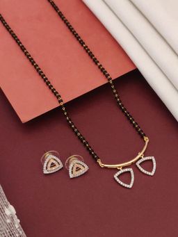 Abdesigns - Gold Plated American Diamond Studded And Beaded Mangalsutra With Earrings White