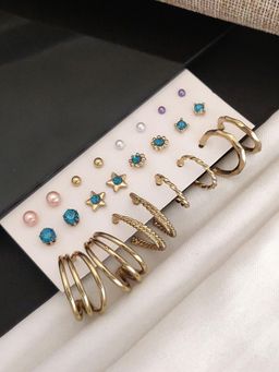 Abdesigns - Set Of 12 Gold-Plated Contemporary Studs Earrings Multi-Color