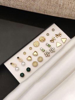 Abdesigns - Set Of 12 Gold-Plated Contemporary Studs Earrings Multi-Color