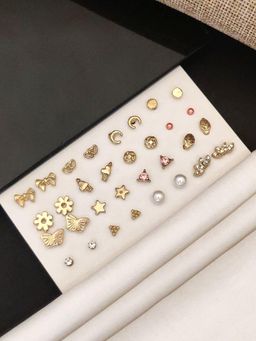 Abdesigns - Set Of 16 Gold-Plated Contemporary Studs Earrings Multi-Color