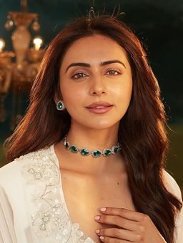 Accessher - Silver-Toned American Diamond Choker Necklace Set Green