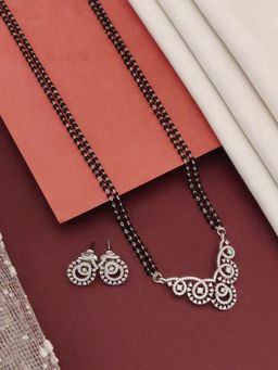 Abdesigns - Silver Plated American Diamond Studded And Beaded Mangalsutra With Earrings White