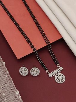 Abdesigns - Silver Plated American Diamond Studded And Beaded Mangalsutra With Earrings White