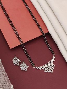 Abdesigns - Silver Plated American Diamond Studded And Beaded Mangalsutra With Earrings White