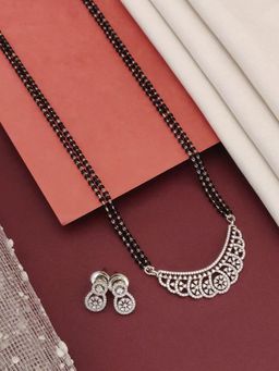 Abdesigns - Silver Plated American Diamond Studded And Beaded Mangalsutra With Earrings White