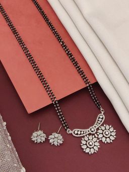 Abdesigns - Silver Plated American Diamond Studded And Beaded Mangalsutra With Earrings White